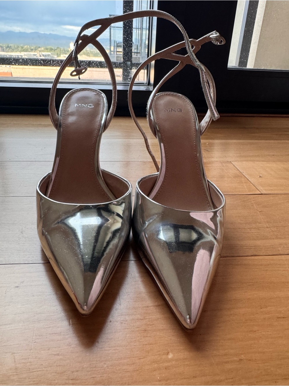 Mango Silver Pointed Toe Ankle-Strap Heels